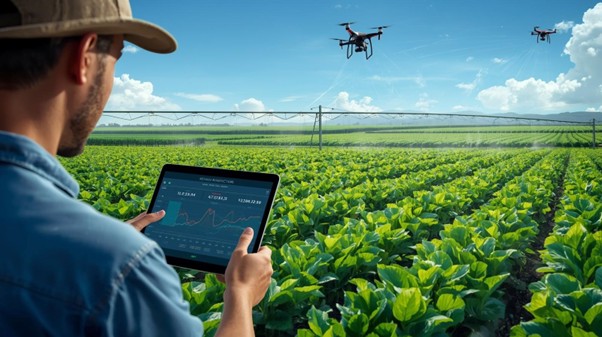 Farmer uses tablet and drones for smart crop monitoring