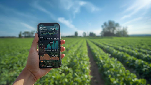 Smartphone showing farm data in lush green crop field